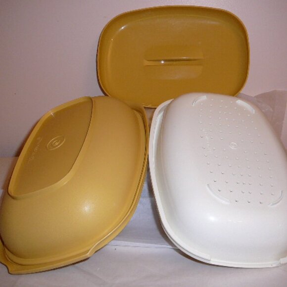 Vintage Tupperware Harvest Gold White Microwave Rice Vegetable Steamer 3 Pc Set - Picture 3 of 6